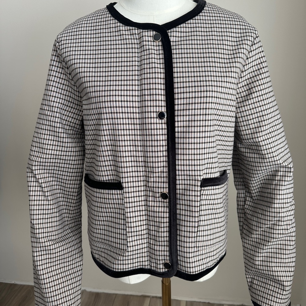 JOIE Zip-Front Cardigan Jacket – Beige & Black Mini Check